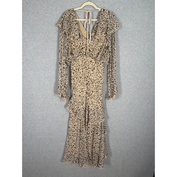 ASOS Dress 8 Cream Midi Ruffle Tiered Leopard Sheer Puff Prairie Cottage Boho - Picture 11 of 16